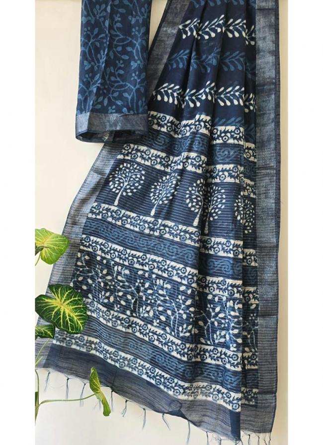 Cotton  Blue Daily Wear Printed Saree